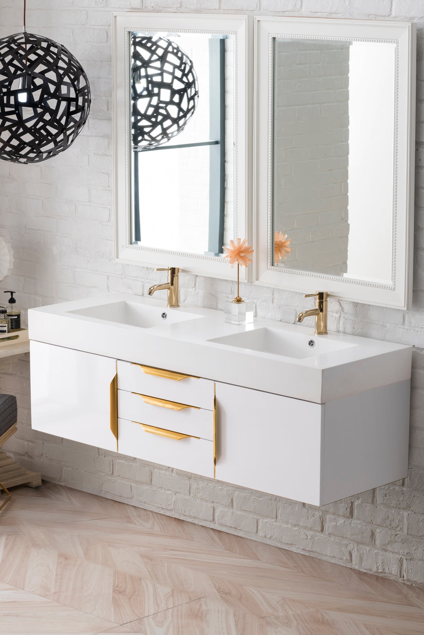 Bathroom Vanities Outlet Atlanta Renovate for LessMercer Island 59 Double  Vanity, Glossy White, Radiant Gold w/ Glossy White Composite Top