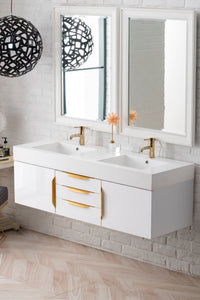Mercer Island 59" Double Vanity, Glossy White, Radiant Gold w/ Glossy White Composite Top James Martin Vanities