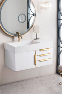 Mercer Island 36" Single Vanity, Glossy White, Radiant Gold w/ Glossy White Composite Top James Martin Vanities