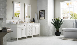 Brittany 72" Bright White Double Vanity w/ 3 CM Arctic Fall Solid Surface Top James Martin Vanities