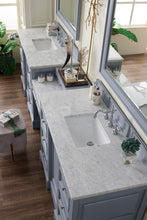 Load image into Gallery viewer, Bathroom Vanities Outlet Atlanta Renovate for LessDe Soto 118&quot; Double Vanity Set, Silver Gray w/ Makeup Table, 3 CM Carrara Marble Top