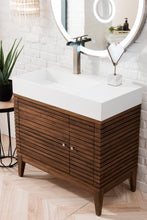 Load image into Gallery viewer, Bathroom Vanities Outlet Atlanta Renovate for LessLinear 36&quot; Single Vanity, Mid Century Walnut w/ Glossy White Composite Top