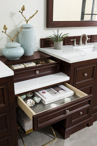 Bathroom Vanities Outlet Atlanta Renovate for LessDe Soto 118" Double Vanity Set, Burnished Mahogany w/ Makeup Table, 3 CM Arctic Fall Solid Surface Top