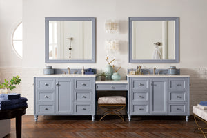 Copper Cove Encore 122" Double Vanity Set, Silver Gray w/ Makeup Table, 3 CM Arctic Fall Solid Surface Top James Martin Vanities
