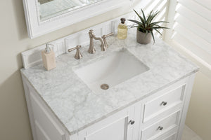 De Soto 36" Single Vanity, Bright White w/ 3 CM Carrara Marble Top James Martin Vanities