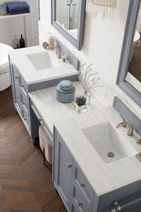 Copper Cove Encore 86" Double Vanity Set, Silver Gray w/ Makeup Table, 3 CM Arctic Fall Solid Surface Top James Martin Vanities
