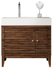 Load image into Gallery viewer, Linear 36&quot; Single Vanity, Mid Century Walnut w/ Glossy White Composite Top James Martin Vanities