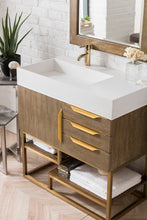 Load image into Gallery viewer, Columbia 36&quot; Single Vanity, Latte Oak, Radiant Gold w/ Glossy White Composite Top James Martin Vanities