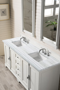 Providence 72" Bright White Double Vanity w/ 3 CM Arctic Fall Solid Surface Top James Martin