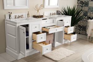 Bathroom Vanities Outlet Atlanta Renovate for LessDe Soto 82" Double Vanity Set, Bright White w/ Makeup Table, 3 CM Arctic Fall Solid Surface Top