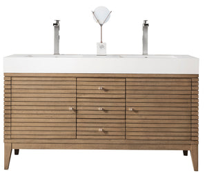Linear 59" Double Vanity Whitewashed Walnut w/ Glossy White Composite Top James Martin Vanities
