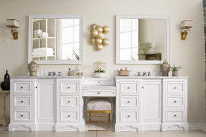 De Soto 118" Double Vanity Set, Bright White w/ Makeup Table, 3 CM Carrara Marble Top James Martin Vanities