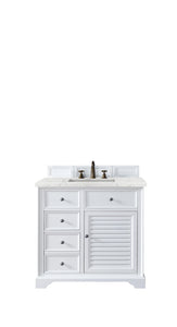 Savannah 36" Single Vanity Cabinet, Bright White, w/ 3 CM Eternal Jasmine Pearl Quartz Top James Martin Vanities