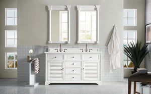 Savannah 60" Double Vanity Cabinet, Bright White, w/ 3 CM Eternal Jasmine Pearl Quartz Top James Martin Vanities