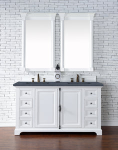 Providence 60" Double Vanity Cabinet, Bright White, w/ 3 CM Charcoal Soapstone Quartz Top James Martin