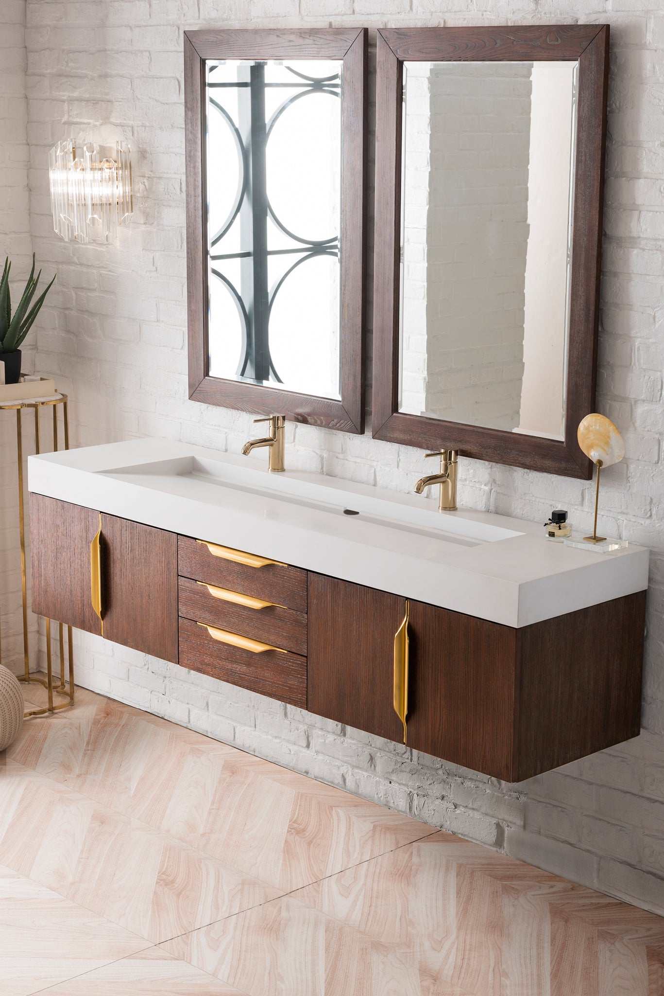 Bathroom Vanities Outlet Atlanta Renovate for LessMercer Island 72 Double  Vanity, Coffee Oak, Radiant Gold w/ Glossy White Composite Top