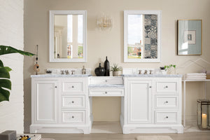 De Soto 94" Double Vanity Set, Bright White w/ Makeup Table, 3 CM Carrara Marble Top James Martin Vanities