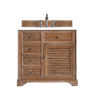 Savannah 36" Single Vanity Cabinet, Driftwood, w/ 3 CM Classic White Quartz Top James Martin