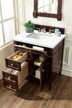 Load image into Gallery viewer, Brittany 30&quot; Single Vanity, Burnished Mahogany, w/ 3 CM Classic White Quartz Top James Martin