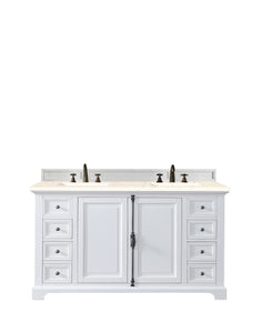 Providence 60" Double Vanity Cabinet, Bright White, w/ 3 CM Eternal Marfil Quartz Top James Martin