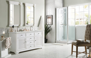 Savannah 60" Double Vanity Cabinet, Bright White, w/ 3 CM Eternal Jasmine Pearl Quartz Top James Martin Vanities