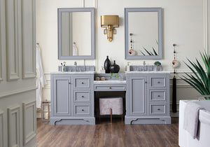 De Soto 82" Double Vanity Set, Silver Gray w/ Makeup Table, 3 CM Carrara Marble Top James Martin Vanities
