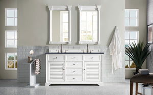 Savannah 60" Double Vanity Cabinet, Bright White, w/ 3 CM Charcoal Soapstone Quartz Top James Martin Vanities