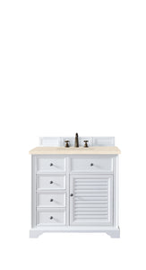 Savannah 36" Single Vanity Cabinet, Bright White, w/ 3 CM Eternal Marfil Quartz Top James Martin Vanities